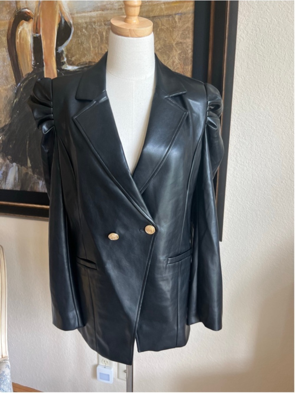 New Women's DOLCE CABO Black Faux Leather Puffed Sleeve Blazer M - Picture 3 of 9